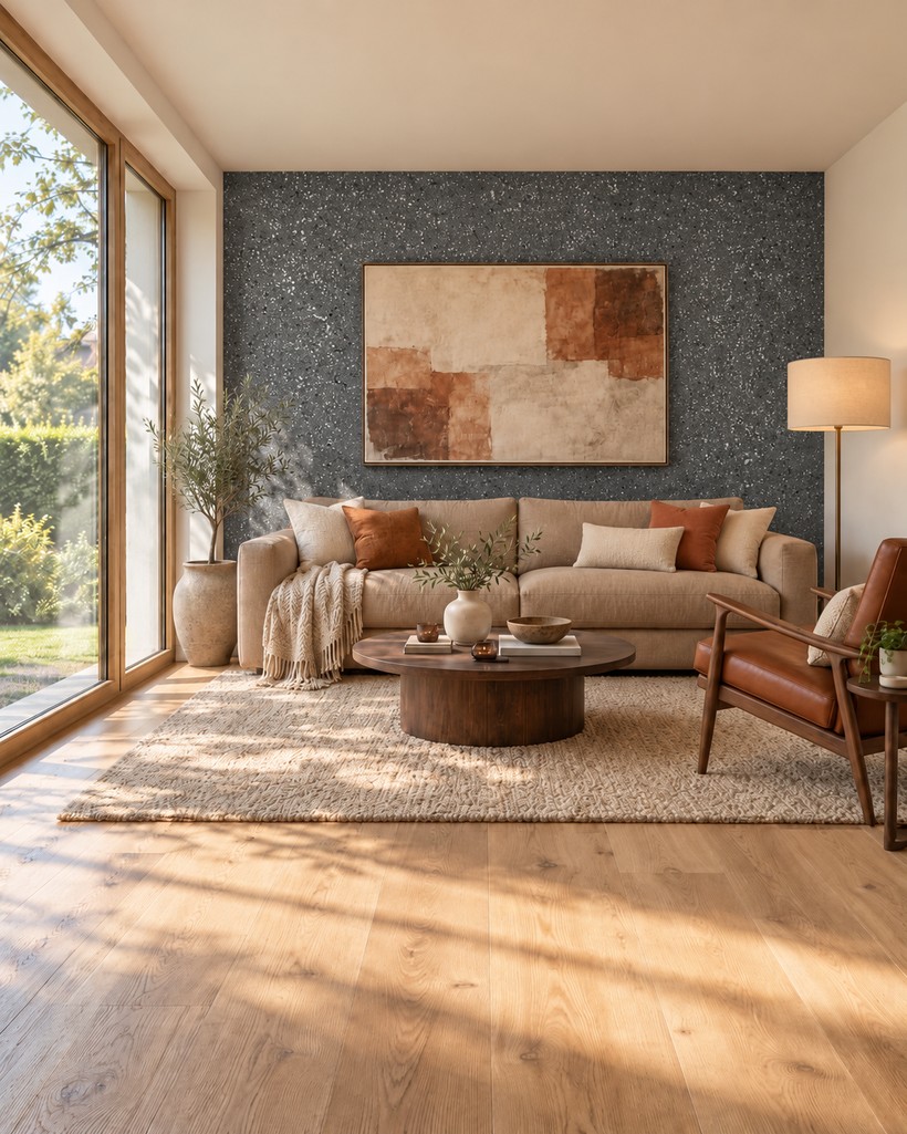 Digitaler Beispielraum mit mineralischer Wand und Sofa